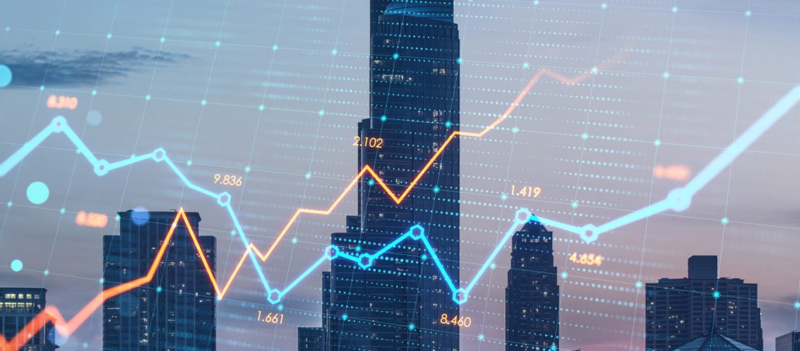 Creative glowing business chart on blurry city background. Stock, growth and financial graph concept. Double exposure